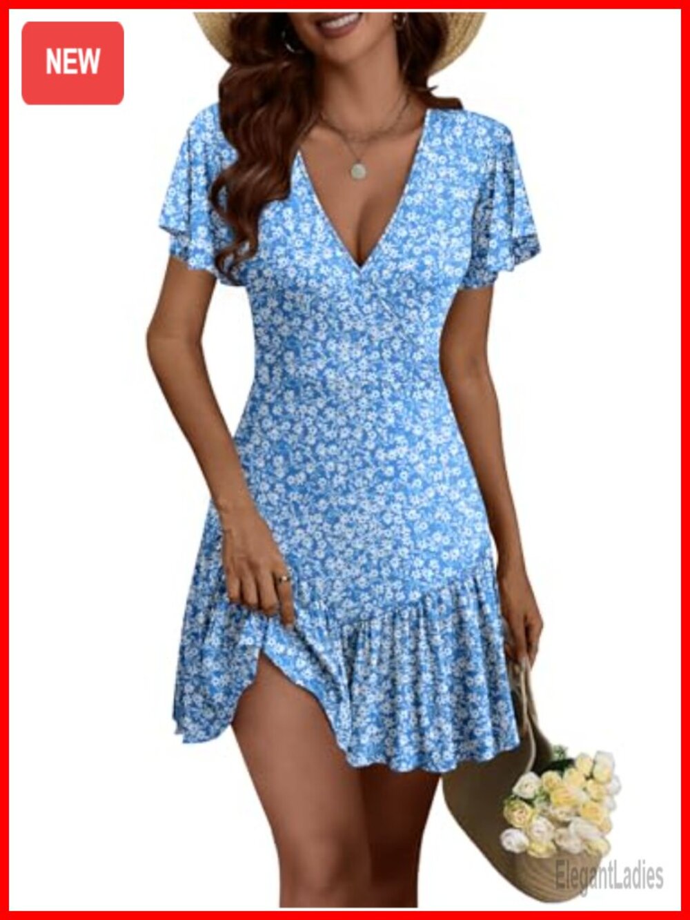 Womens Floral Mini Dress Short Ruffle Sleeve Faux Wrap V Neck A-Line Summer